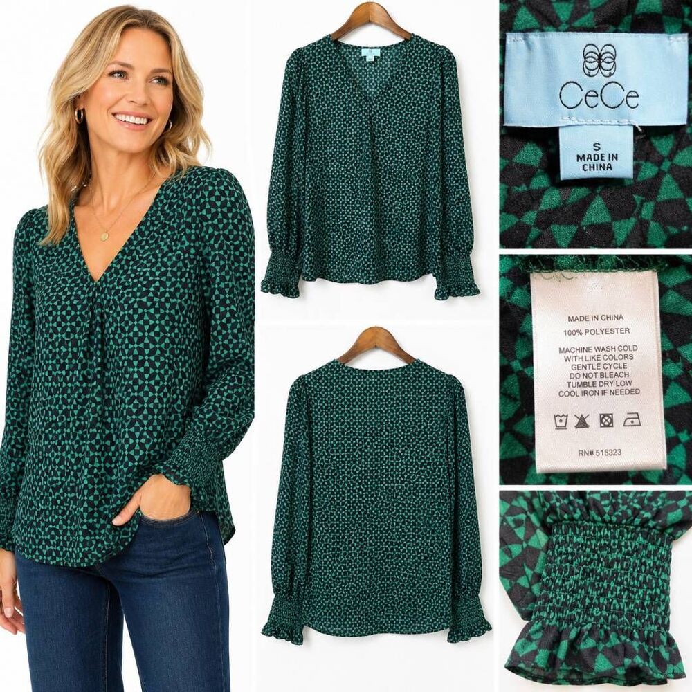 CeCe Small Green Black Geometric Smocked Cuff Blouse